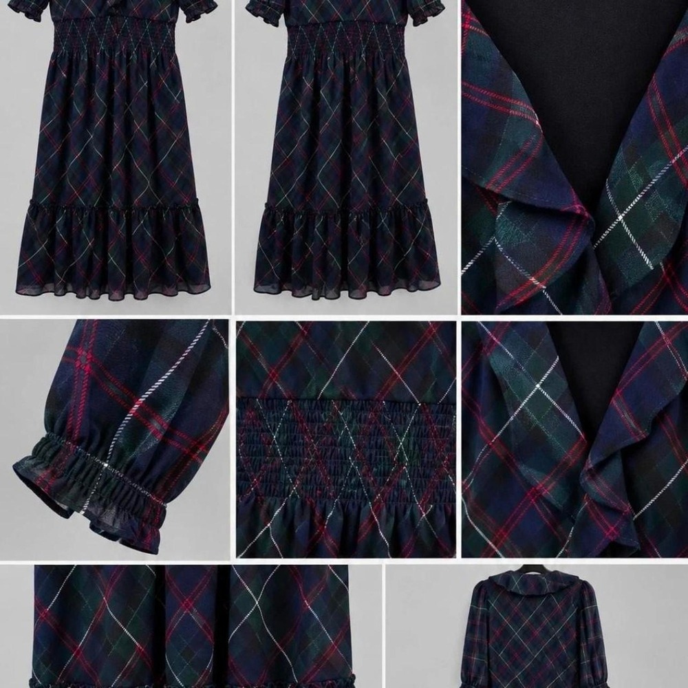 Lauren Ralph Lauren Plaid Smock V-Neck Midi Dress Navy Green 14P
